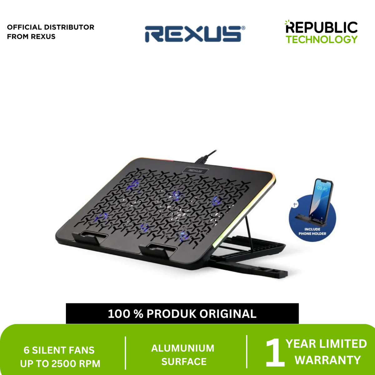 REXUS Cooling Pad Breeze B145 with Phone Holder and RGB Light