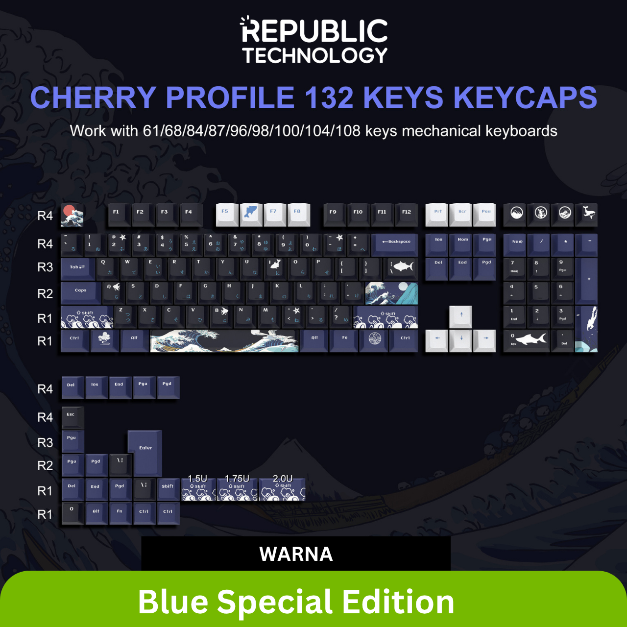Republic Technology Keyboard Keycaps XVX Ukiyo Kanagawa Edition with profile Cherry for Mechanical Keyboard