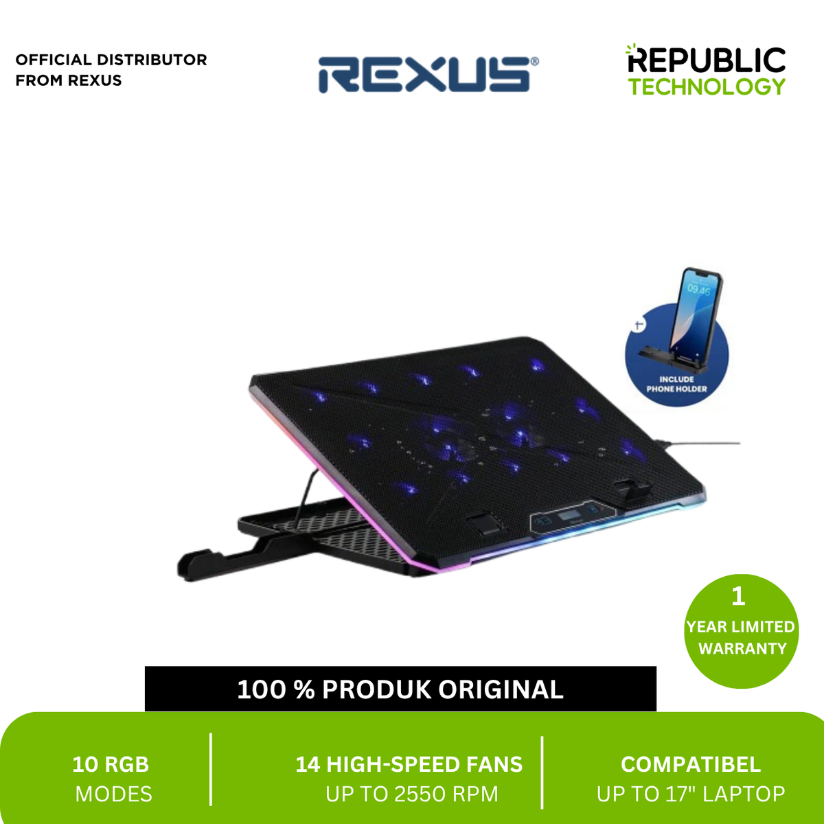 REXUS Cooling Pad Breeze B165 with Phone Holder and RGB Light
